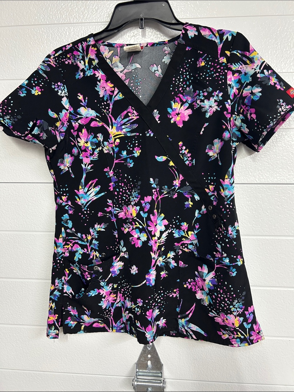 Dickies Black Floral Scrub Top with Pink, Purple and Blue Accents